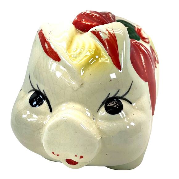 Shawnee Pottery Piggy Bank Red Bow Red Green Flowers White Vintage MCM 60s - Picture 1 of 8